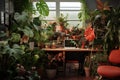 This photo captures the multitude of different plant species thriving in a vibrant and verdant room, Working at home houseplant,