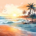 Tropical Sunrise Beach Painting - Hand Drawn Watercolor Illustration Royalty Free Stock Photo