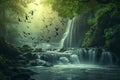 This photo captures a painting featuring birds soaring through the sky above a cascading waterfall, Birds flocking over a river
