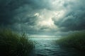 This photo captures a painting of storm clouds gathering above a vast body of water, creating a dramatic and powerful scene, Calm