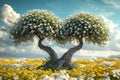 This photo captures a painting of two trees standing tall amidst a vibrant field of flowers, Two intertwined trees standing strong Royalty Free Stock Photo