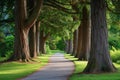 This photo captures a path lined with trees in the center of a park, providing a shaded walkway for visitors, Winding pathway
