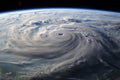 This photo captures a powerful hurricane swirling in the vastness of space, Tropical hurricane viewed from space, AI Generated Royalty Free Stock Photo