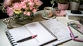 Productive Workspace with Business Tools, Flowers and Coffee