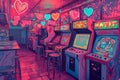 This photo captures a room filled with numerous arcade machines, showcasing a variety of games and colorful displays, An arcade-
