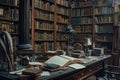 The photo captures a room filled with numerous books and a prominent statue, creating a scholarly and cultured ambiance, An