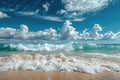 This photo captures a sandy beach with waves continuously rolling in and out of the water, Waves under the blue sky and white