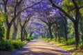 This photo captures a scenic painting featuring a road lined with trees and adorned with vibrant purple flowers, Pathway adorned