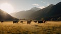 Alpine Serenity: Cows Grazing on a Wildflower Meadow. Generative AI Royalty Free Stock Photo