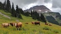Cows Grazing on Wildflower Meadow with Snowy Peaks. Generative AI Royalty Free Stock Photo