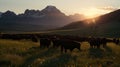 Alpine Cows Grazing in Wildflowers. Generative AI Royalty Free Stock Photo