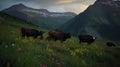 Alpine Grazing: Cows, Wildflowers, and Snow-Capped Peaks. Generative AI Royalty Free Stock Photo