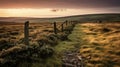 Romanticized Wilderness: Grassy Path On Hilly Field Near Stone Fence