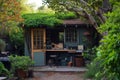 This photo captures a small garden shed with a green roof, blending seamlessly into the surrounding greenery, An outdoor home Royalty Free Stock Photo