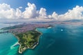 The photo captures a small island in the middle of the ocean, as seen from above, Aerial view of Istanbul where east meets west,