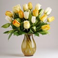 White, Yellow, And Brown Rose Bouquet In A Stylish Flower Vase