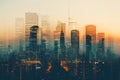 The photo captures the stunning city skyline illuminated by the warm hues of a sunset, Skyline showcasing advancements in future Royalty Free Stock Photo