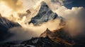 Manaslu: A Stunning Mountain Peak In The Clouds At Sunset