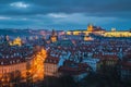 This photo captures a stunning panoramic view of a city at night, as seen from the top of a hill, Prague\'s historic skyline Royalty Free Stock Photo