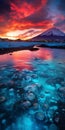 Turquoise Sunrise: Volcanic Rock, Water, And Mountains In Glowing Colors
