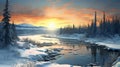 Winter Landscape In Quebec Province: A Photorealistic River Scene With White Trees