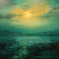 Teal Pre-raphaelite Seascape Abstract Oil Painting