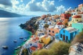 This photo captures a vibrant coastal village, showcasing its colorful buildings and picturesque location, A Greek island town