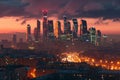 The photo captures the vibrant and illuminated cityscape as viewed from a distance during nighttime, Moscow\'s historical and