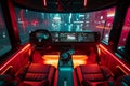 The photo captures the vibrant interior of a bus illuminated with red and blue lights, Inside the cockpit of a high-tech electric