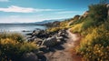Vibrant Shoreline Hiking Trail: Yellow, Blue, Pink, And Black Palette