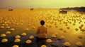 Man In Boat Among Floating Yellow Spheres: A Luminous Seascape