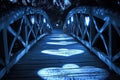 This photo captures a wooden bridge with a heart-shaped shadow, representing a tranquil and symbolic journey, A moonlit bridge