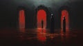 Gothcore Concept Art: Three Statues In A Dark Room With Glowing Red Lights