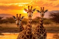 A photo capturing the beautiful sight of a couple of giraffes standing side by side in a natural field setting, Three giraffes in Royalty Free Stock Photo