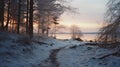 Romantic Snowy Path By The Lake: Photorealistic 35mm Evening Glow