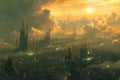 A photo capturing a city of the future surrounded by dense clouds, creating an otherworldly atmosphere, A sprawling cyberpunk Royalty Free Stock Photo