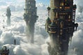 A photo capturing a cluster of towering buildings emerging above a layer of clouds, Skyscrapers designed with a whimsical, Royalty Free Stock Photo