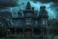 A photo capturing a foreboding house as lightning illuminates the sky with a striking intensity, A haunted Victorian house on a