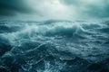 A photo capturing the immense expanse of a body of water, with powerful waves crashing against its surface, A stormy sea