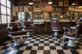 A photo capturing the interior of a barber shop, featuring traditional barber chairs and a striking checkered floor, A vintage