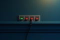 A photo capturing a light switch on a blue wall, with two red and green lights shining brightly, Iconic portrayal of an ethernet Royalty Free Stock Photo