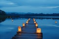 A photo capturing a long dock adorned with floating lanterns, A private jetty extending into a calm lake at twilight, lined with Royalty Free Stock Photo