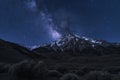 A photo capturing the stunning night sky with stars over a majestic mountain range, Contours of a mountain range under a star-lit