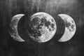 A photo capturing the three primary phases of the moon in a stark black and white color scheme, A moon-phase design in black and