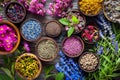 A photo capturing a variety of flowers arranged in different bowls, Vibrant medicinal plants used in holistic medicine, AI
