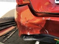 Photo of car after accident. Broken bumper and bonet. Royalty Free Stock Photo