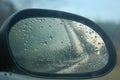 Rain the in the right side mirror of the car with sky in view.