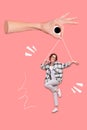 Photo cartoon comics sketch collage of funny funky lady powered by palm isolated pink background