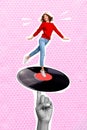 Photo cartoon comics sketch collage picture of crazy dreamy santa assistant dancing vinyl dance floor  drawing Royalty Free Stock Photo