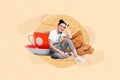 Photo cartoon comics sketch collage picture of dreamy smiling lady enjoying breakfast isolated drawing background